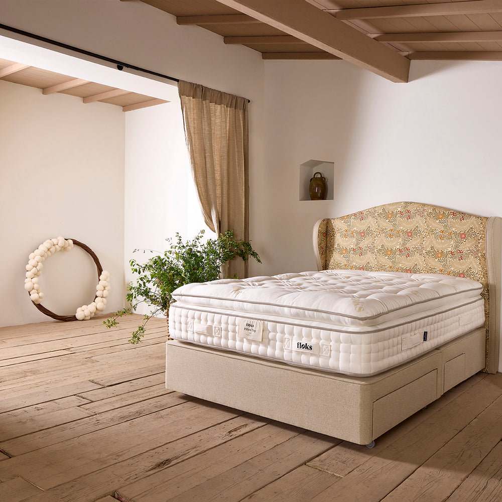 Pillow Top Mattress made from British wool, Yorkshire wool, Herdwick wool, hemp and flax with 750 Cortec Quad springs, 5000 high density posturfil springs and 4000 high density pocket springs for those who crave unrivalled comfort, pressure relief, and breathability.