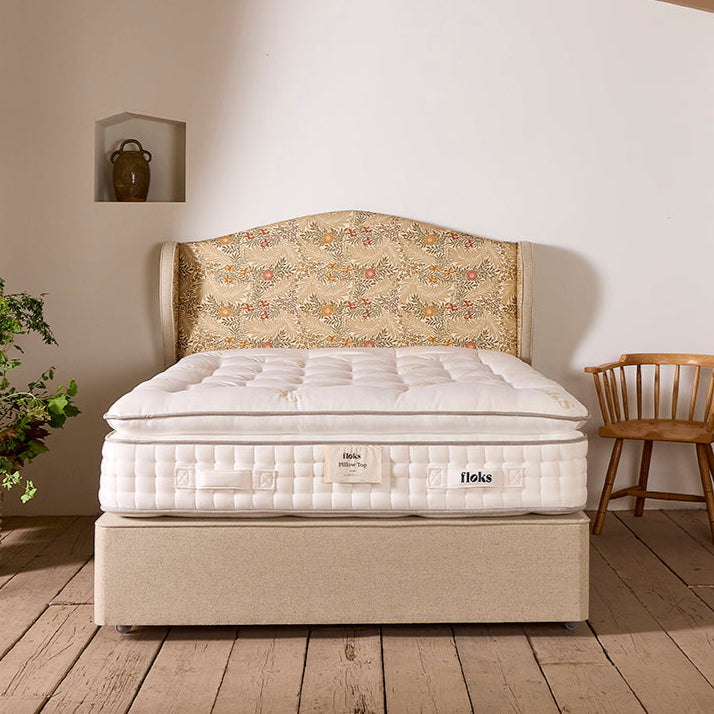 Front image of the Pillow Top Mattress made from British wool, Yorkshire wool, Herdwick wool, hemp and flax with 750 Cortec Quad springs, 5000 high density posturfil springs and 4000 high density pocket springs for those who crave unrivalled comfort, pressure relief, and breathability.