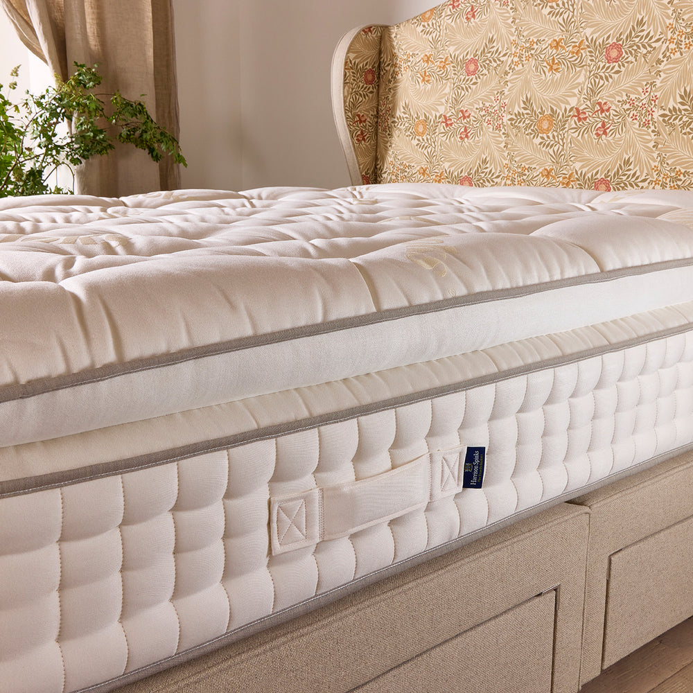 Pillow Top Mattress made from British wool, Yorkshire wool, Herdwick wool, hemp and flax with 750 Cortec Quad springs, 5000 high density posturfil springs and 4000 high density pocket springs for those who crave unrivalled comfort, pressure relief, and breathability.