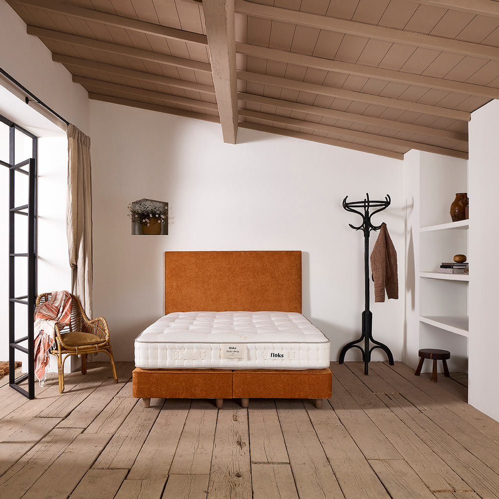 The Bertie Bed pictured from the front in Floks Curated Originals Oxford Spice.  Topped with a Floks luxury natural mattress.