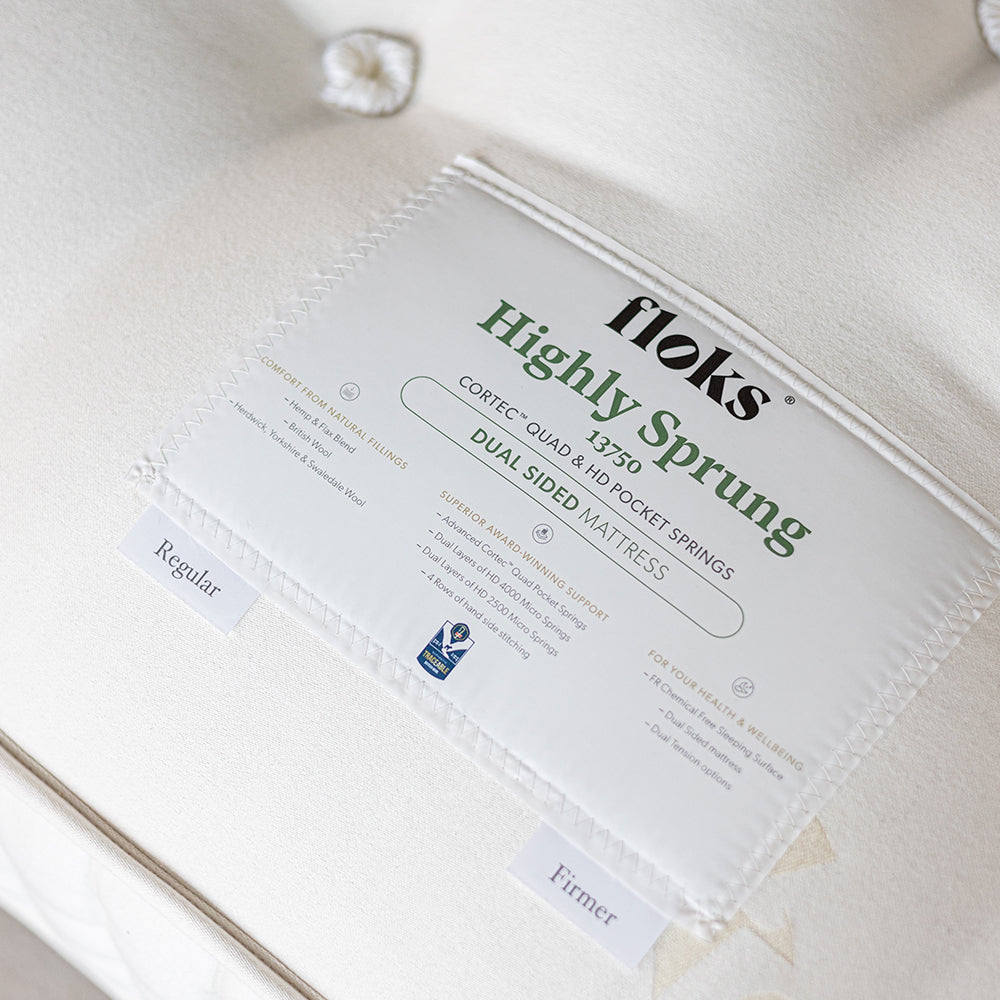 Floks Highly Sprung 13750 Mattress made from UK-certified wool and pocket springs, offering luxury comfort and support.